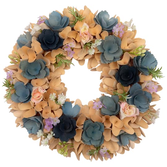 35835335 14 in. Wooden Spring Wreath with Mini Artificial Flowers - Blue & Cream